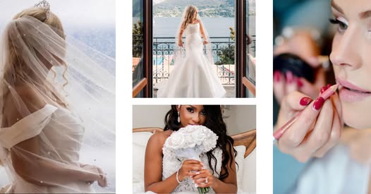A collage of four images featuring brides: one in a veil, one on a balcony, one holding white flowers, and one having makeup applied.